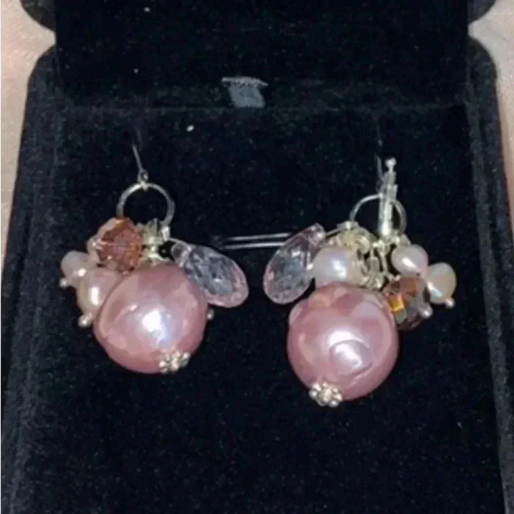 925 SS Dangling 16 mm LAVENDER Sea Pearl earrings w/ sea pearls and quarts